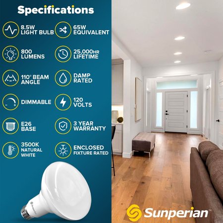 Sunperian BR30 LED Flood Light Bulbs 8.5W (65W Equivalent) 800LM Dimmable E26 Base 4-Pack SP34013-4PK